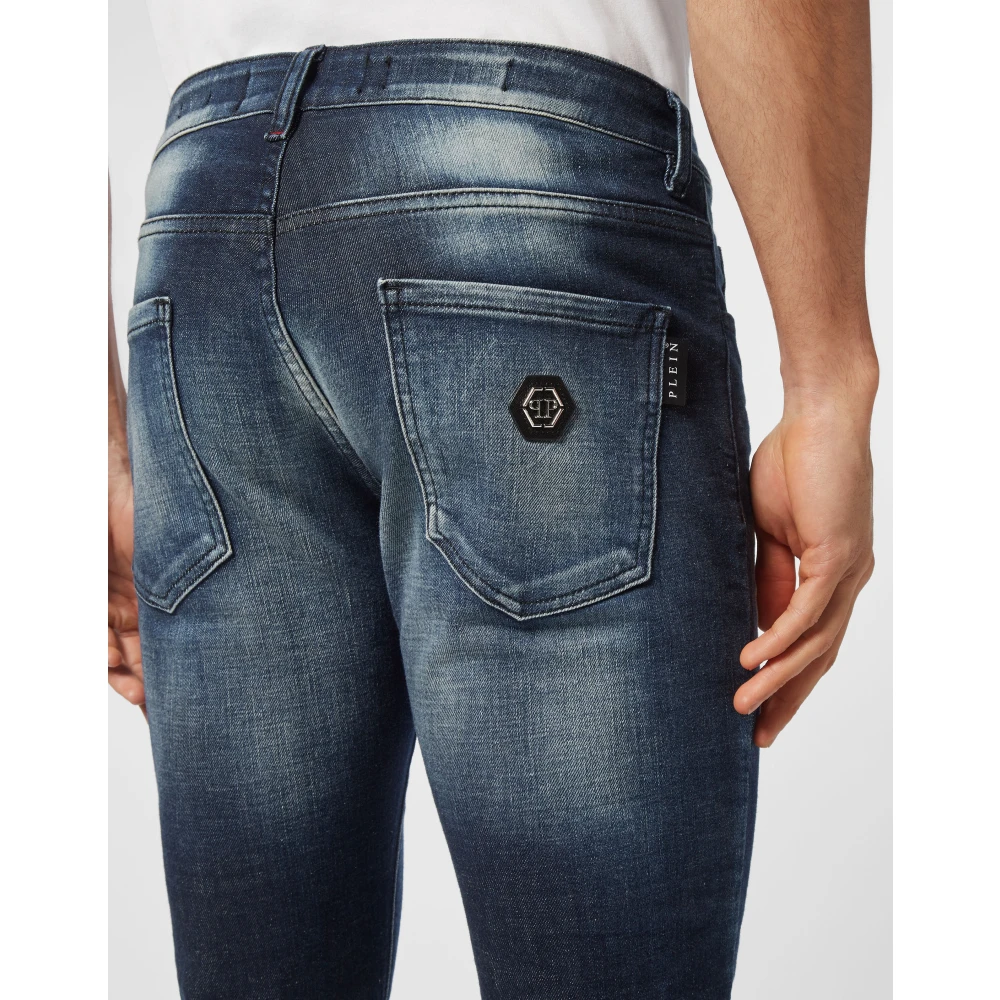 Philipp Plein Hexagon Denim Broek met Logo Label Blue Heren