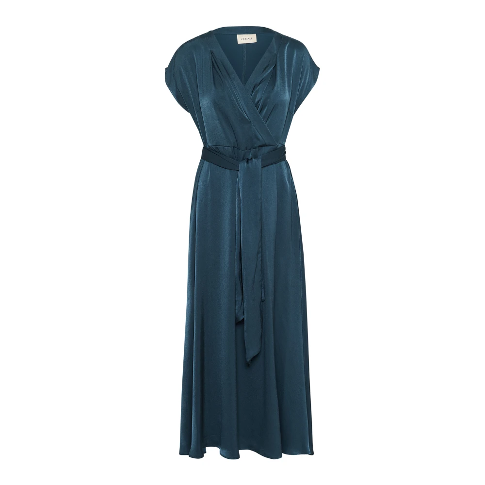 Cream Petrol Blauwe Jurk met V-hals en Riem Blue Dames