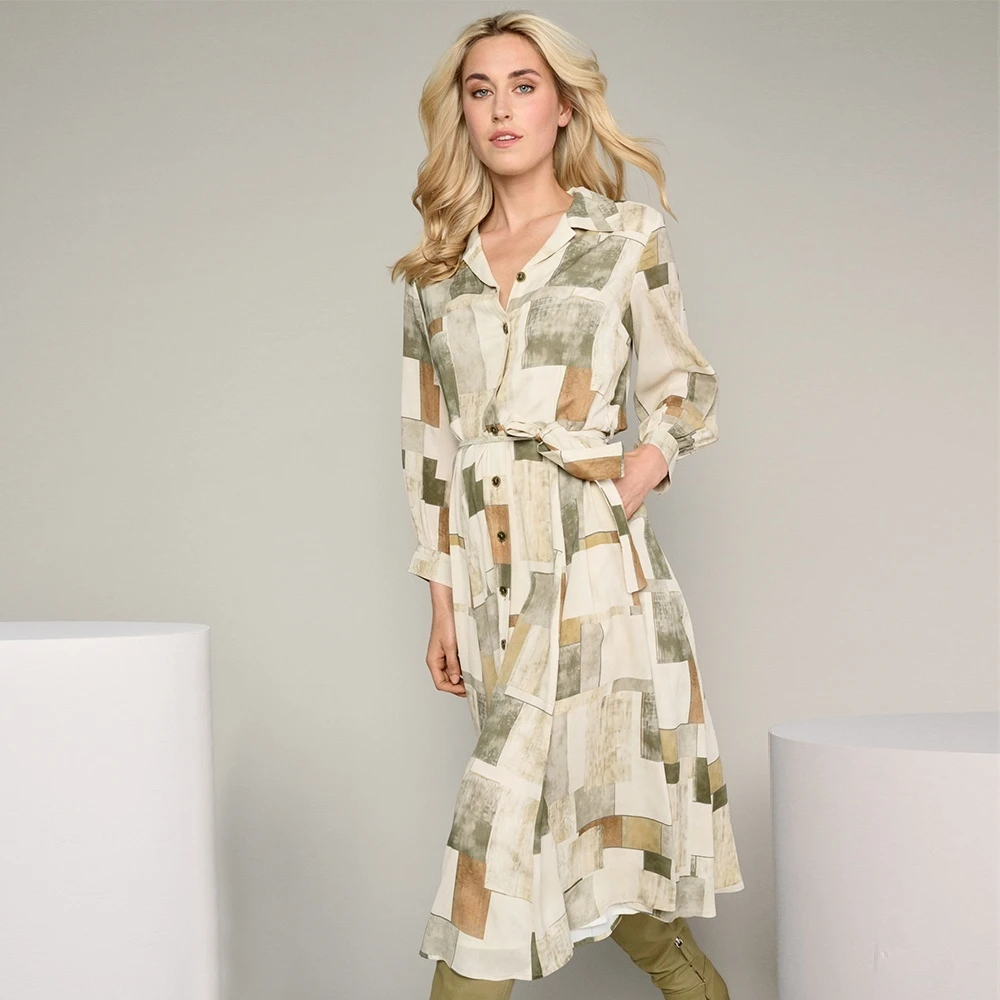 Marie Méro Beige Grafische Print Lange Mouw Jurk Beige Dames