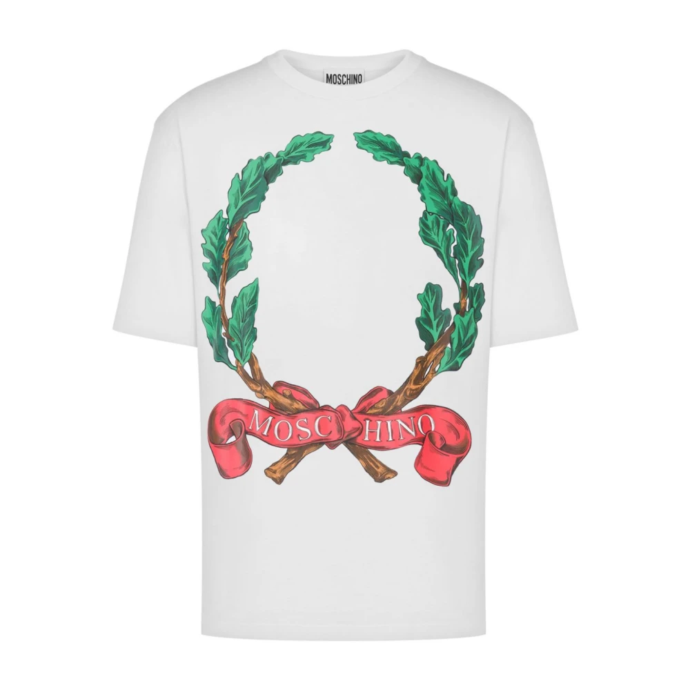 Moschino Wit Laurel Print Crew Neck T-shirt White Heren
