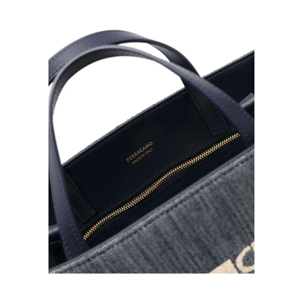 Salvatore Ferragamo Blauw Beige Denim Tote Tas Blue Dames