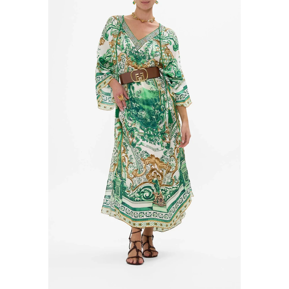 Camilla Zijden V-hals Kaftan met strikjes Green Dames