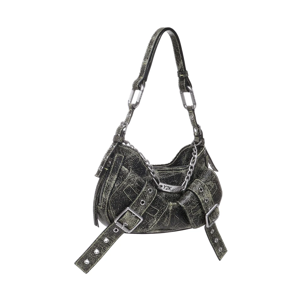Biasia Craquele Leren Schoudertas in Zwart Gray Dames