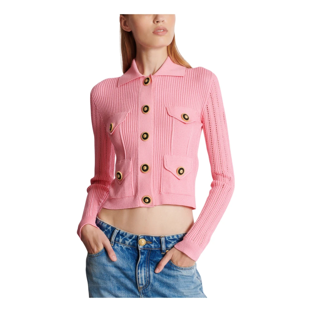 Balmain Geknipte geribbelde gebreide vest met ajourdetails Pink Dames