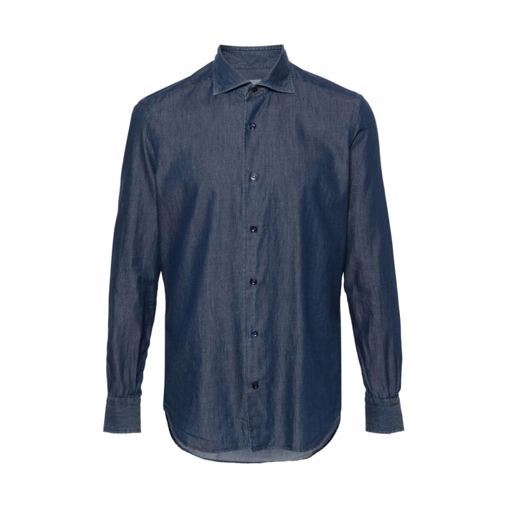 Mazzarelli Blauwe Denim Knoopshirt Blue Heren