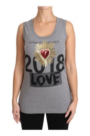 Gray Tank Top Crystal Sequined Heart  T-shirt