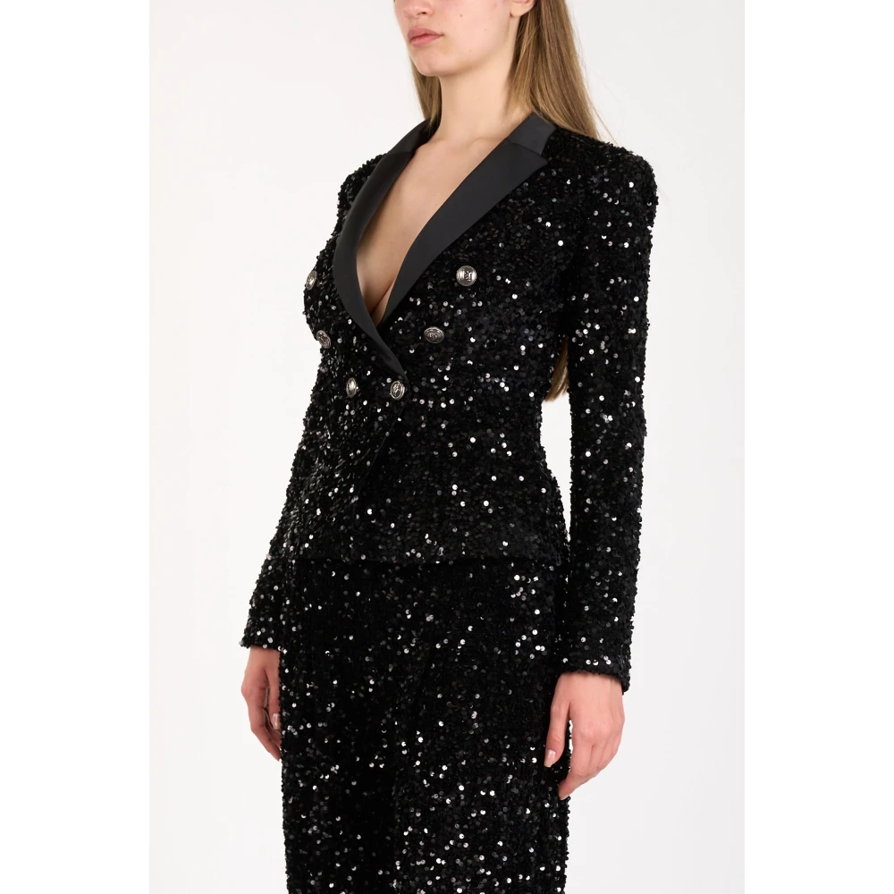 Elisabetta Franchi Geborduurde Pailletten Double-Breasted Jas Black Dames
