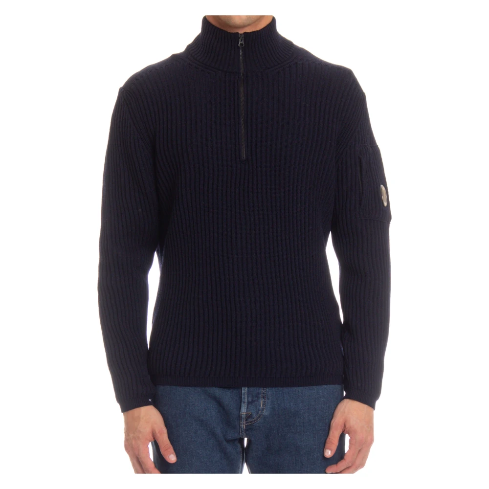 C.P. Company Blauwe Geribbelde Trui met Kwart Rits Blue Heren