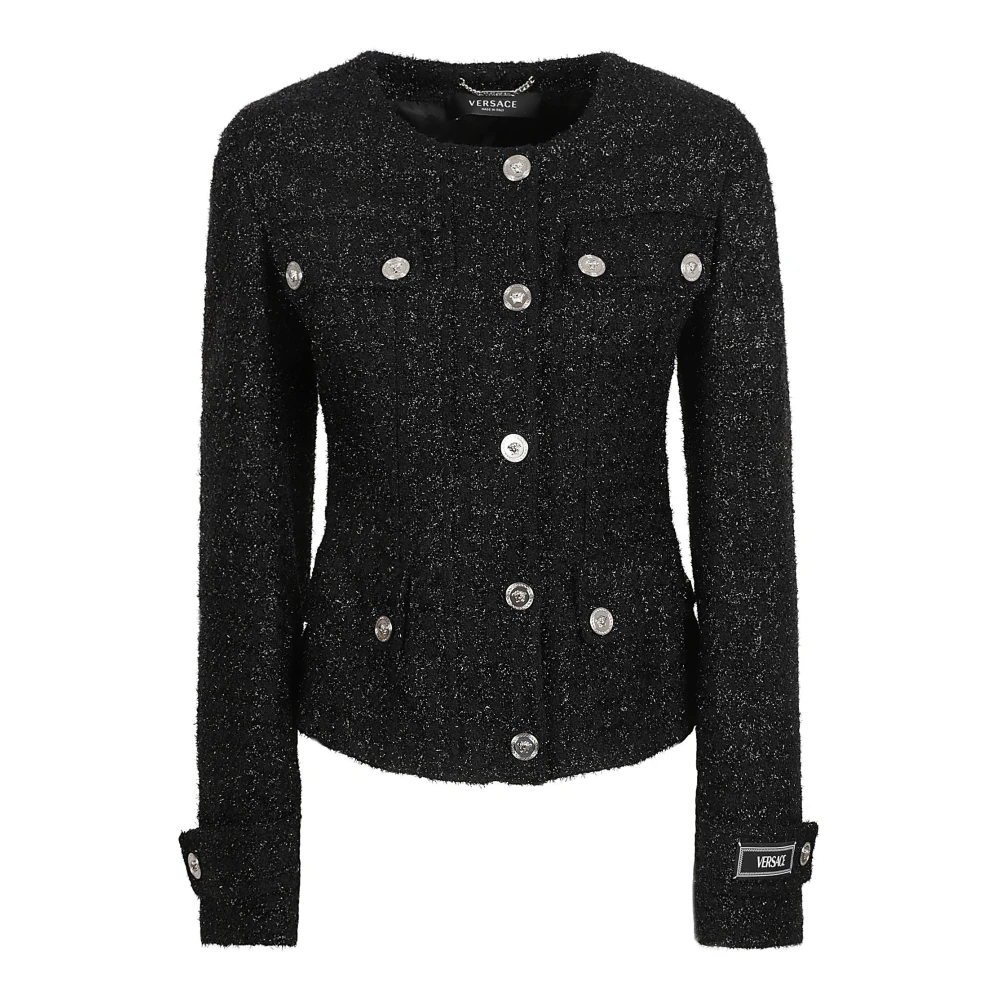 Versace Zwarte Vichy Licht Tonaal Lurex Tweed Jas Black Dames