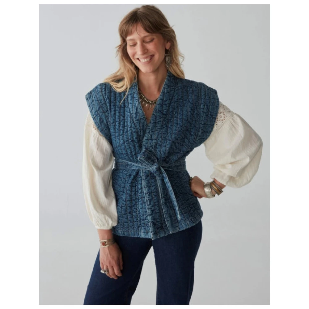 Maison Hotel Gewatteerde Denim Mouwloos Vest Blue Dames