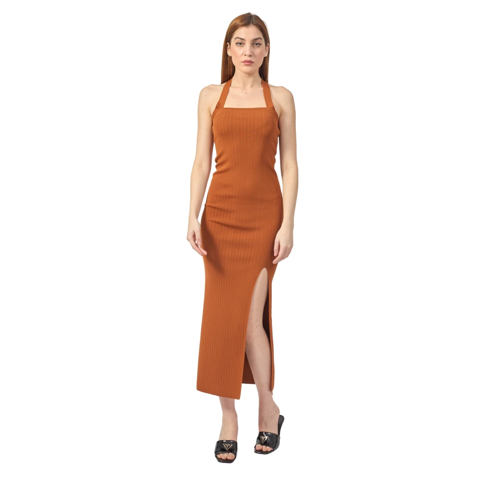 Silvian Heach Bruine Geribbelde Gebreide Jurk met Asymmetrisch Ontwerp Brown Dames