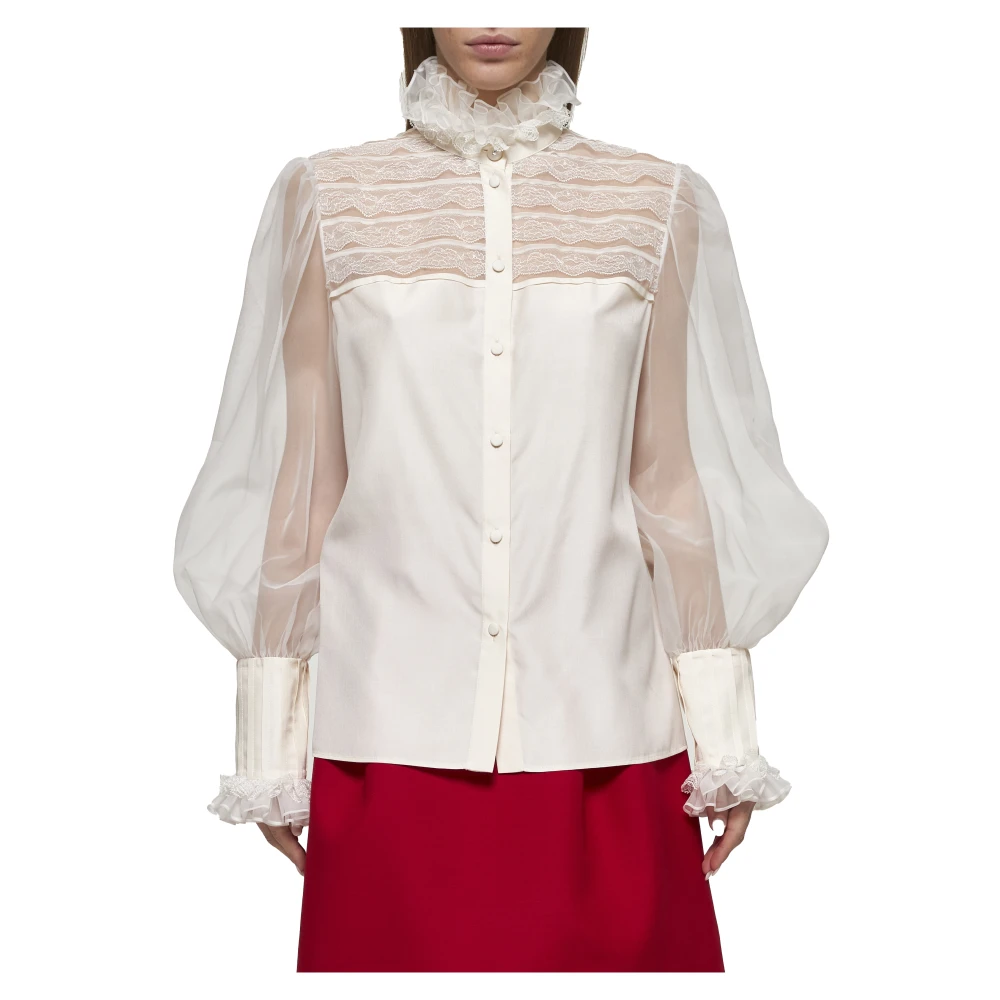 Valentino Organza Kant Ruches Pofmouw Blouse White Dames