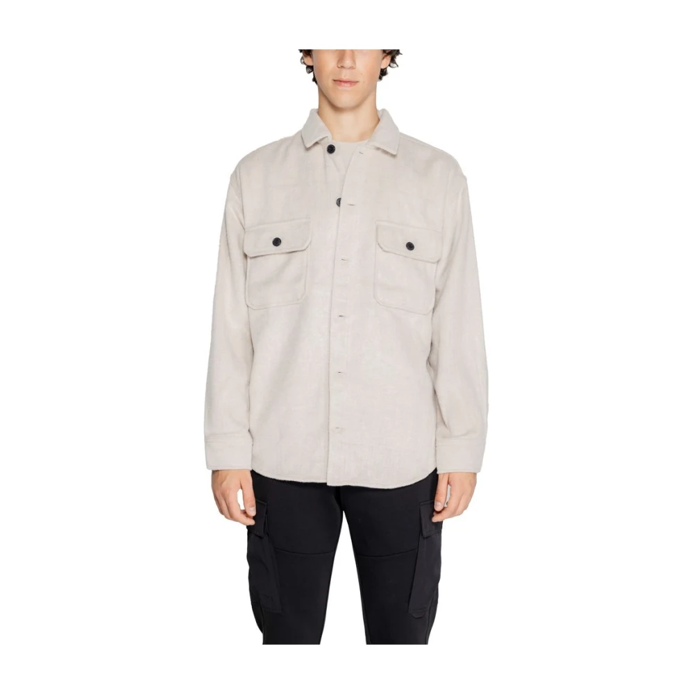 JACK & JONES ESSENTIALS loose fit overshirt JJEBRADLEY OLLIE met wol beige