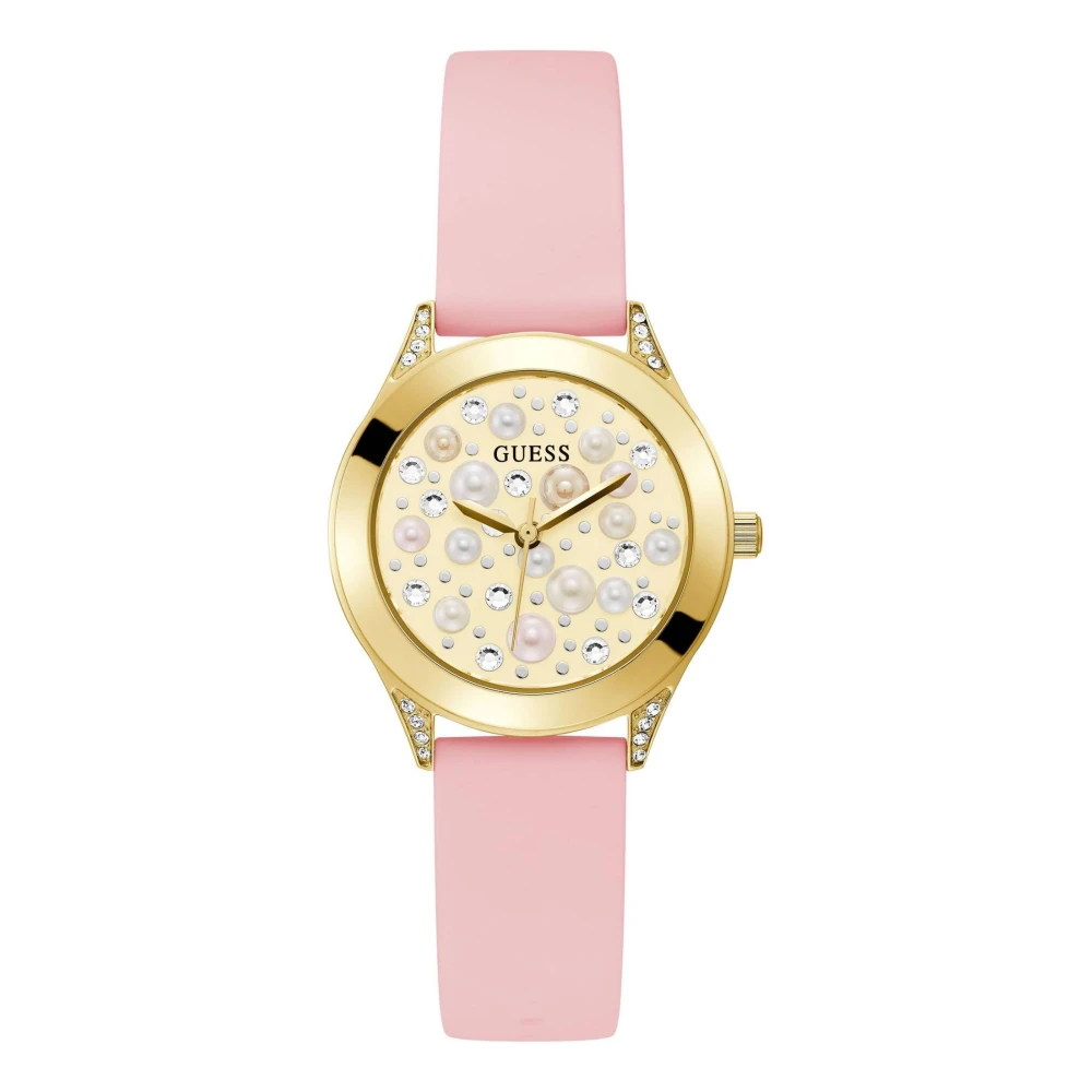 Guess Pink Watches, Female, One Size, Pearl And Rhinestone Bracelet Watch