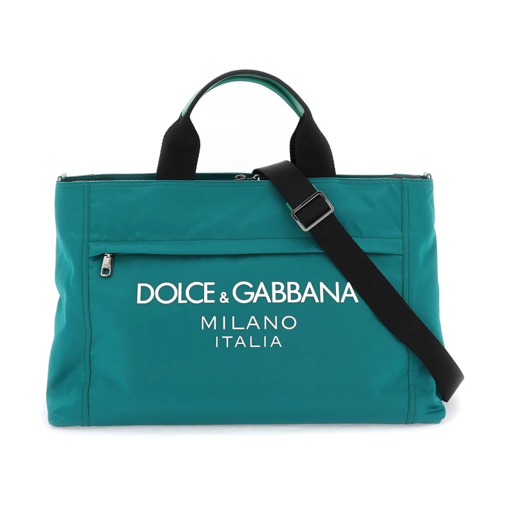 Dolce Gabbana Nylon Duffle Tas met Rubberen Logo Green Heren