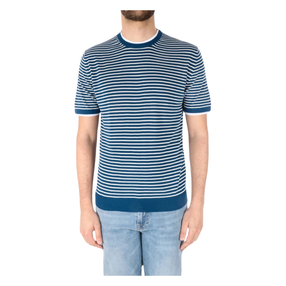 Daniele Fiesoli Men's Blue Striped Cotton Jumper - Round-Neck Knitwear - M - Knitwear