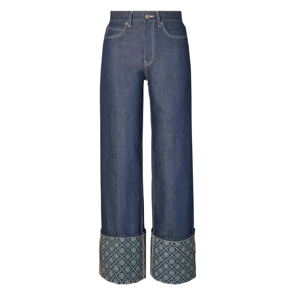 Tory Burch Women's Blue Wide Jeans, W26, Contrast Cuff Straight Leg Jean