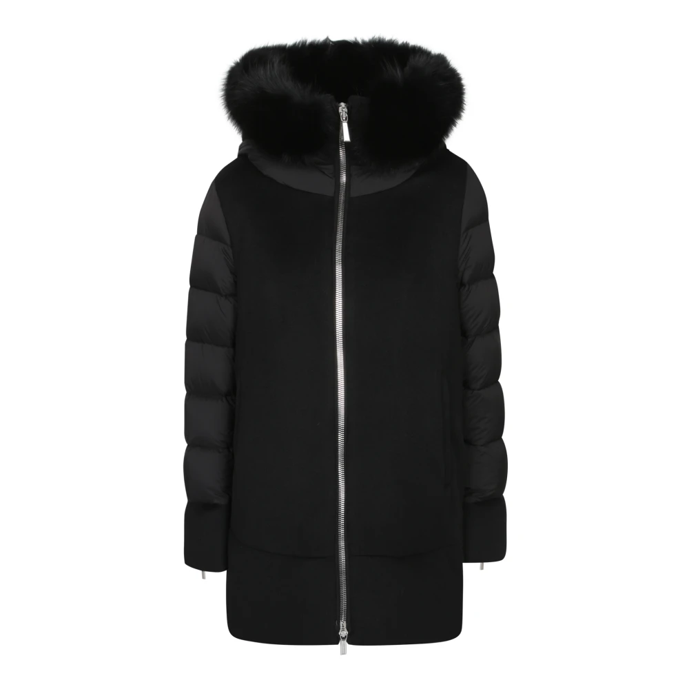 Moorer Kvinno Svart Jackor Dam, S, Nylon, Jacka Med Pälskantad Huva