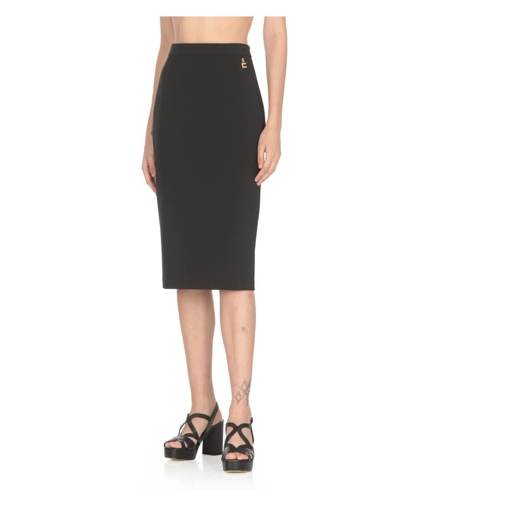 Elisabetta Franchi Zwarte Crêpe Rok met Logo Bedel Black Dames