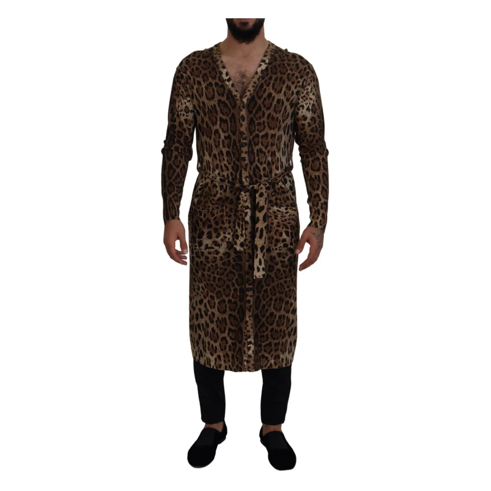 Dolce & Gabbana Brun Leopard Ull Robe Cardigan Tröja Brown, Herr