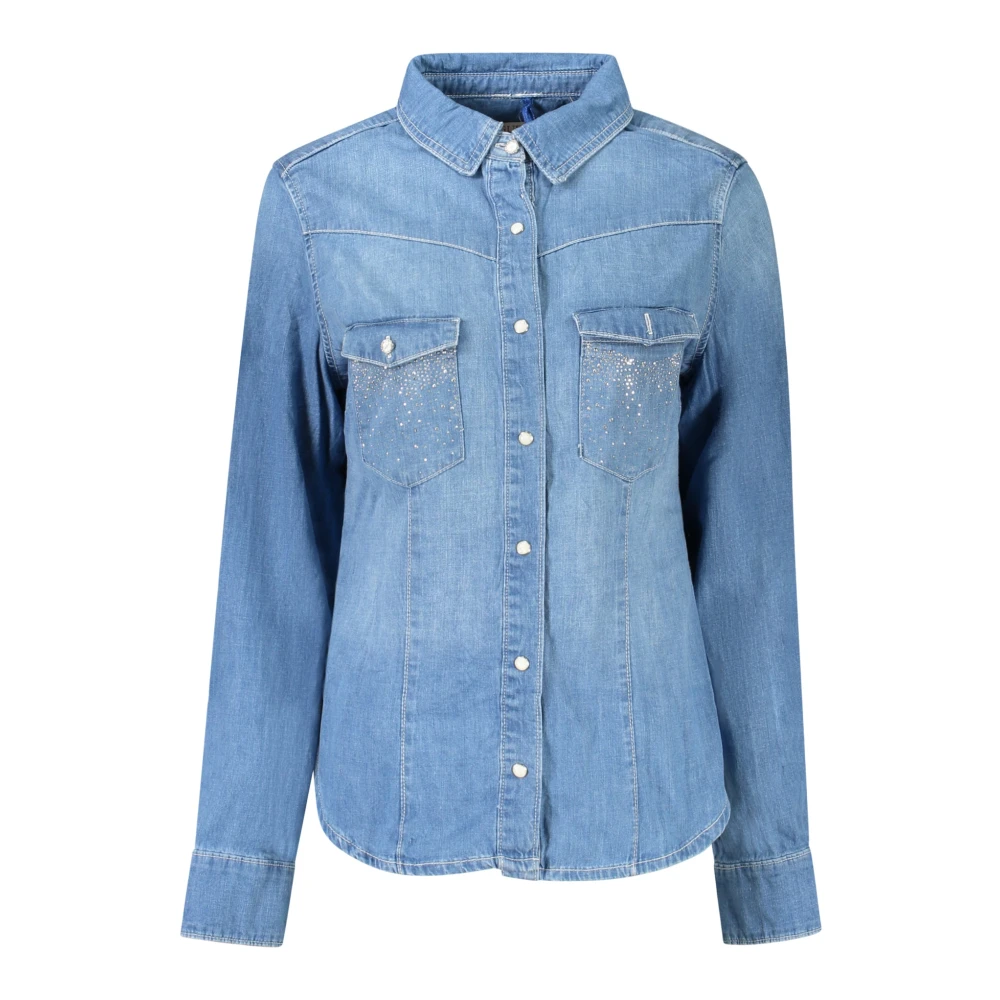 Guess Blå långärmad denimskjorta med italiensk krage Blue, Dam