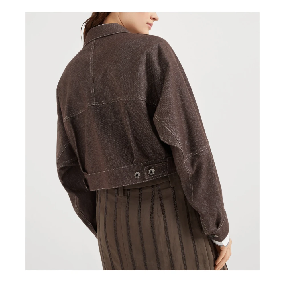 BRUNELLO CUCINELLI Denim-effect twill buitenkleding jas met monili Brown Dames