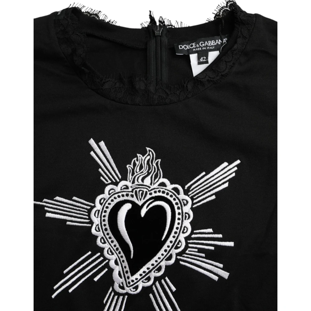Dolce & Gabbana Zwart kanten T-shirt met Heilig Hart-print Black Dames