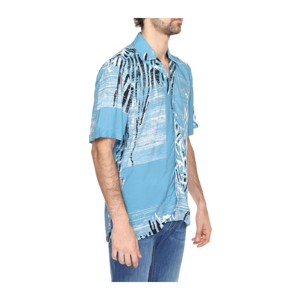 Hugo Boss Blauw korte mouw viscose overhemd Blue Heren