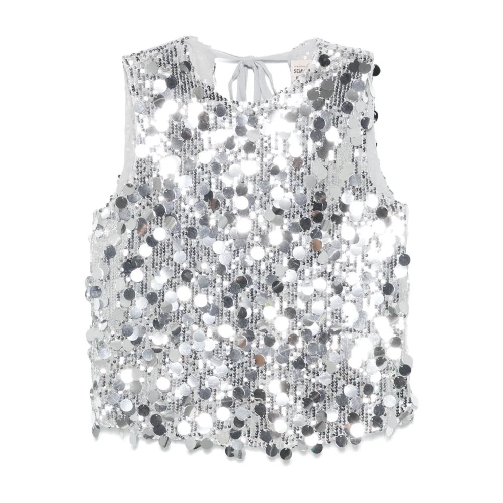 Semicouture Zilveren Paillet Mouwloze Top Met Ronde Hals Gray Dames