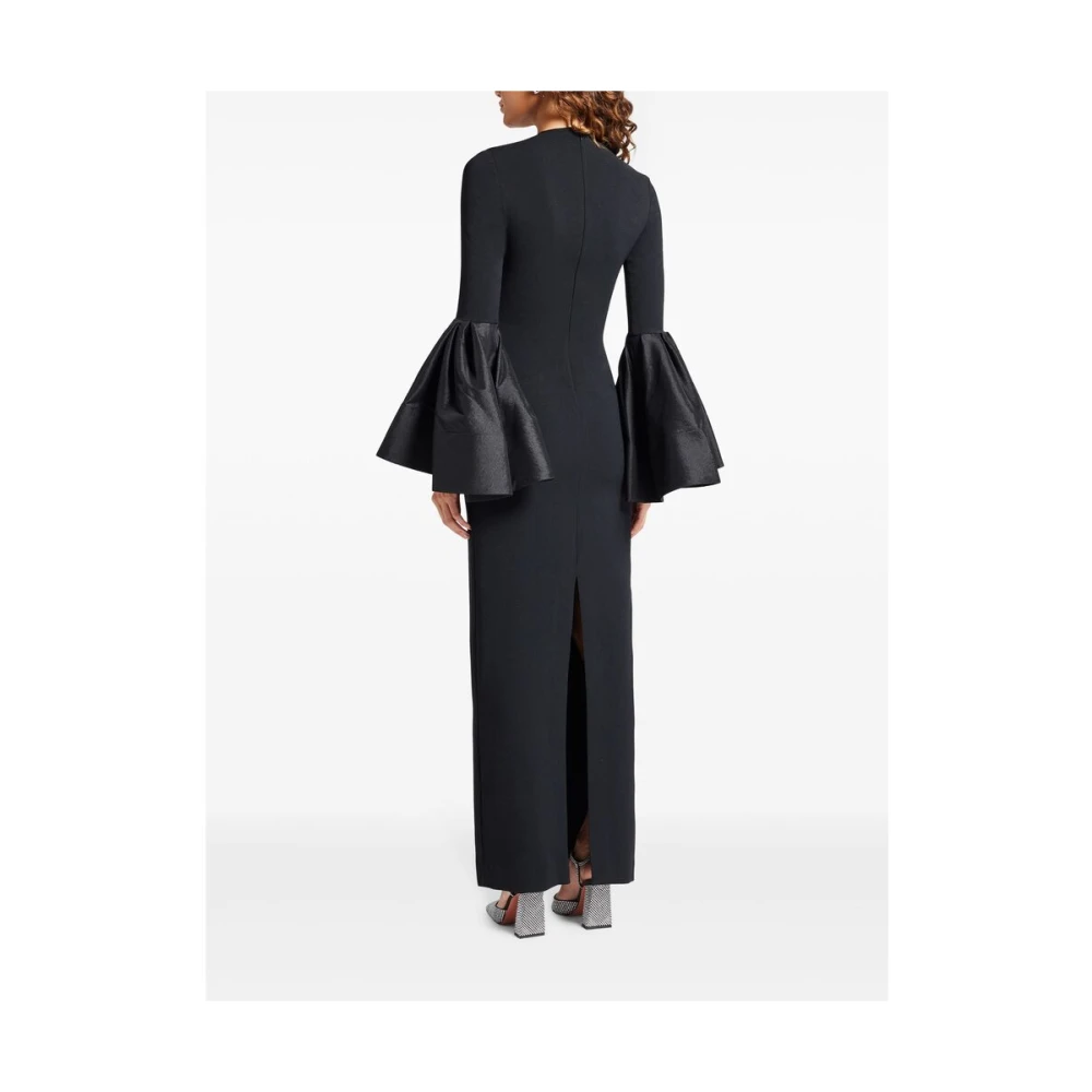 Solace London Zwarte Jurk met Wijduitlopende Manchetten en Ronde Hals Black Dames