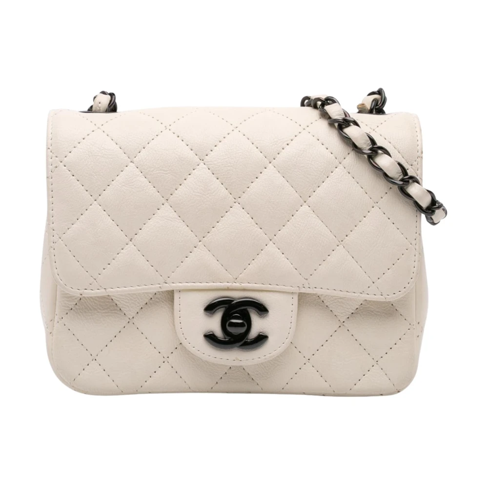 Chanel Vintage Women's White Pre-Owned Mini Square Classic Crumpled Calfskin Single Flap Crossbody Bag