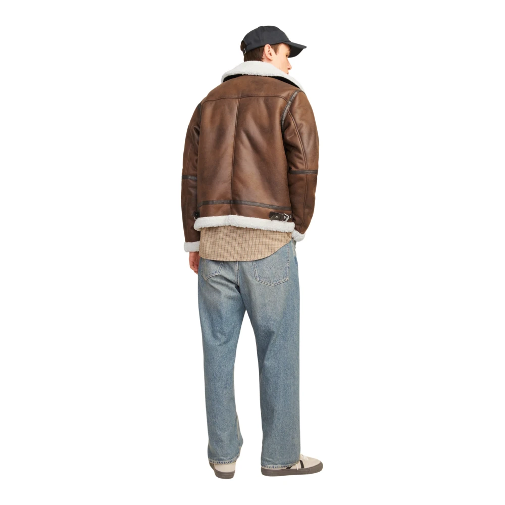 jack & jones Aviator Leren Jas met Teddy Fleece Brown Heren