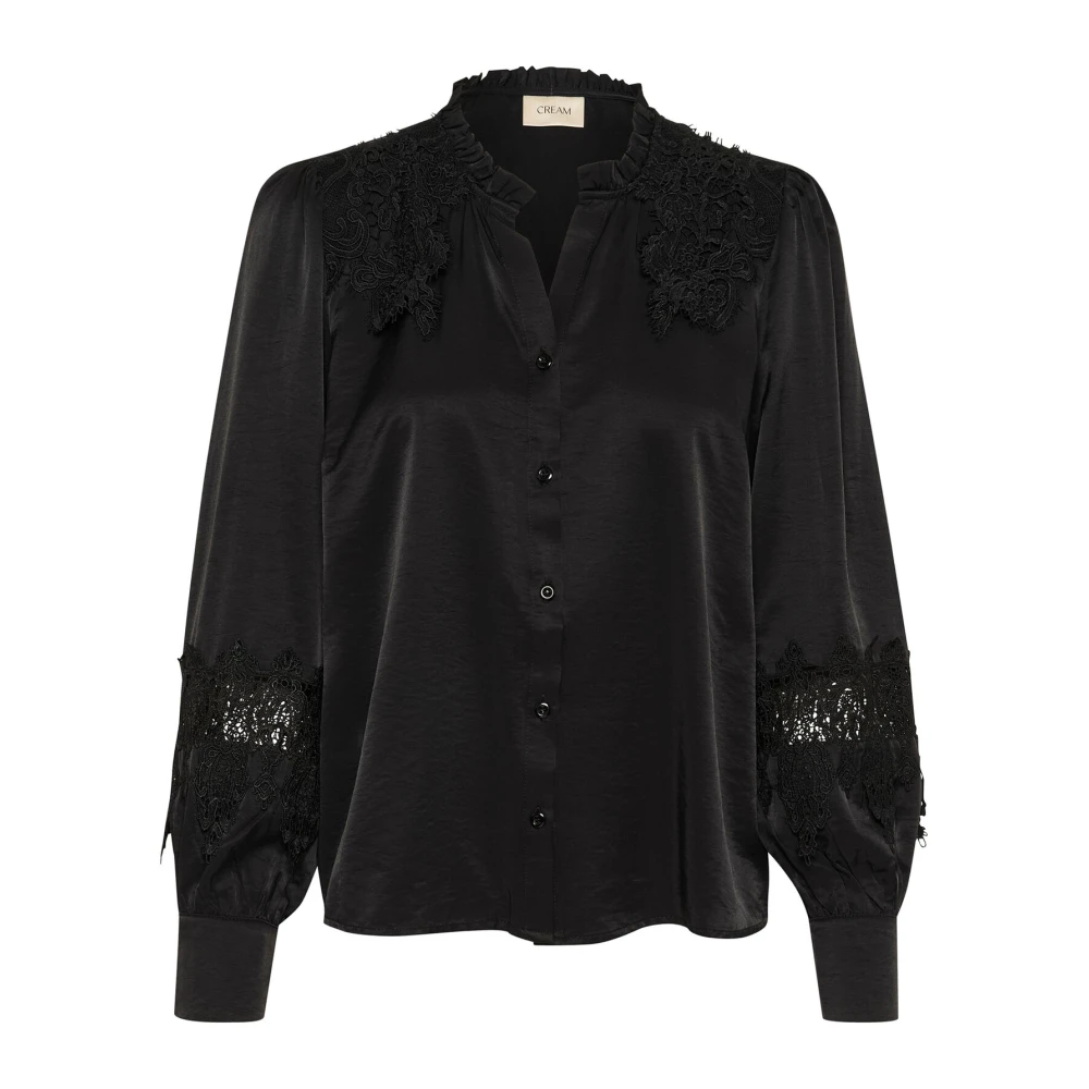Cream Zwarte Kantenshirt met Pofmouwen Black Dames