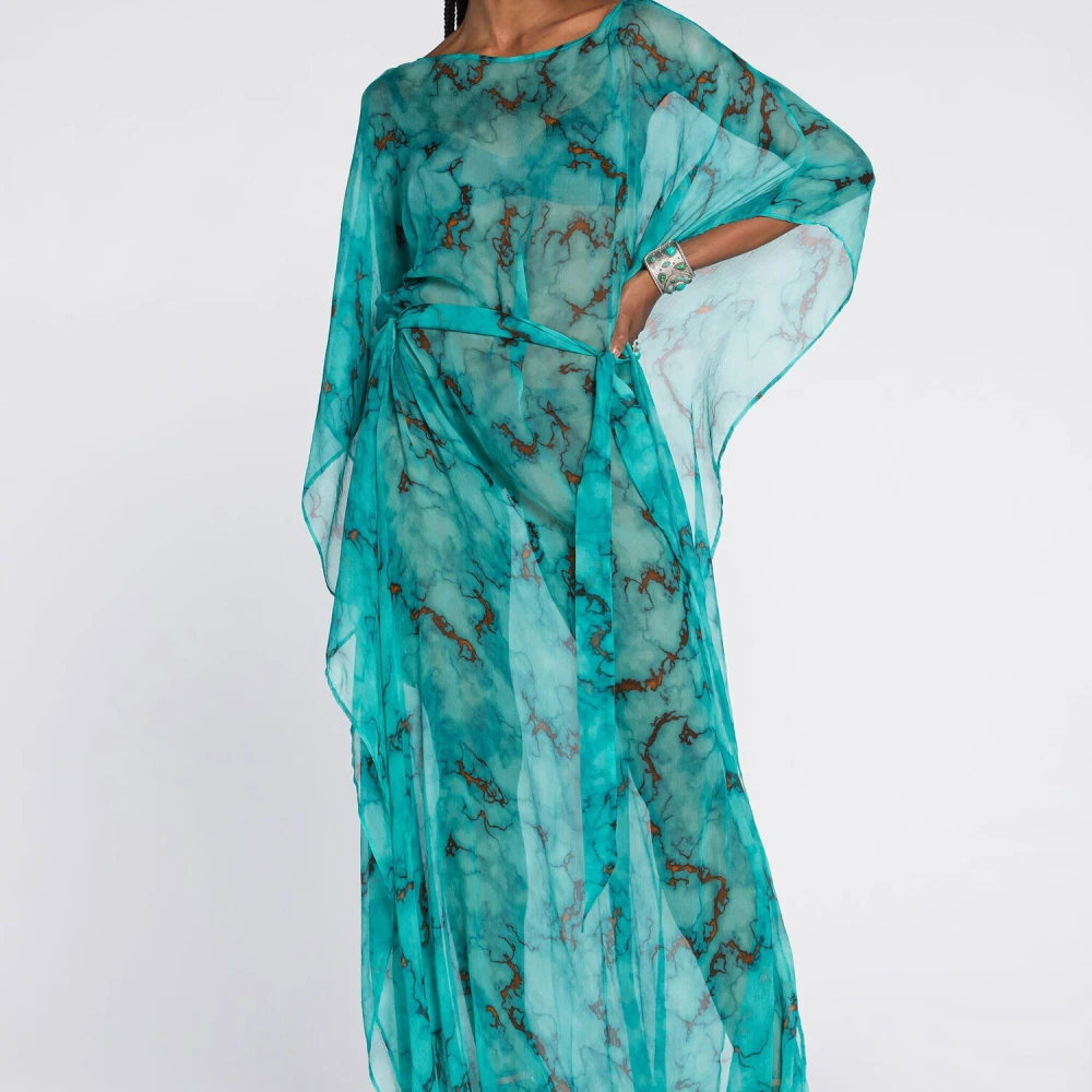 Roberto Cavalli Marmerprint Kaftan Jurk Boothals Blue Dames
