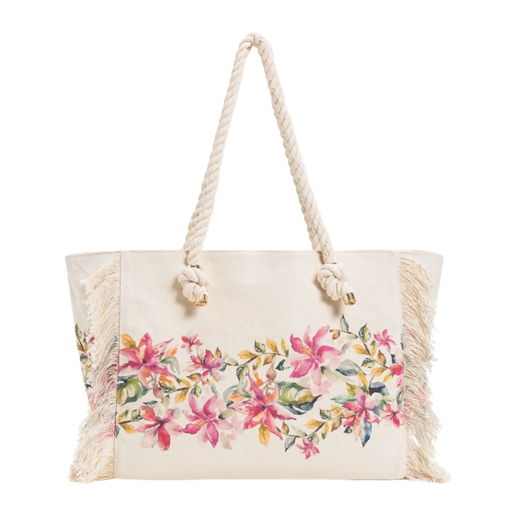Twinset Canvas Shopper Tas met Rafelranden Beige Dames
