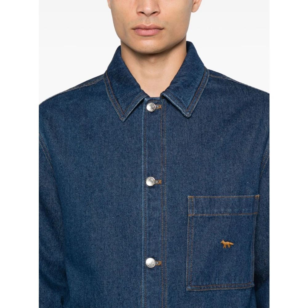 Maison Kitsuné Indigo Denim Jack met Vos Borduurwerk Blue Heren