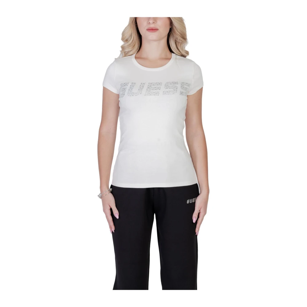 Guess , T-Shirts, Female, Beige, S, Rhinestone Logo Tshirt - Image 4