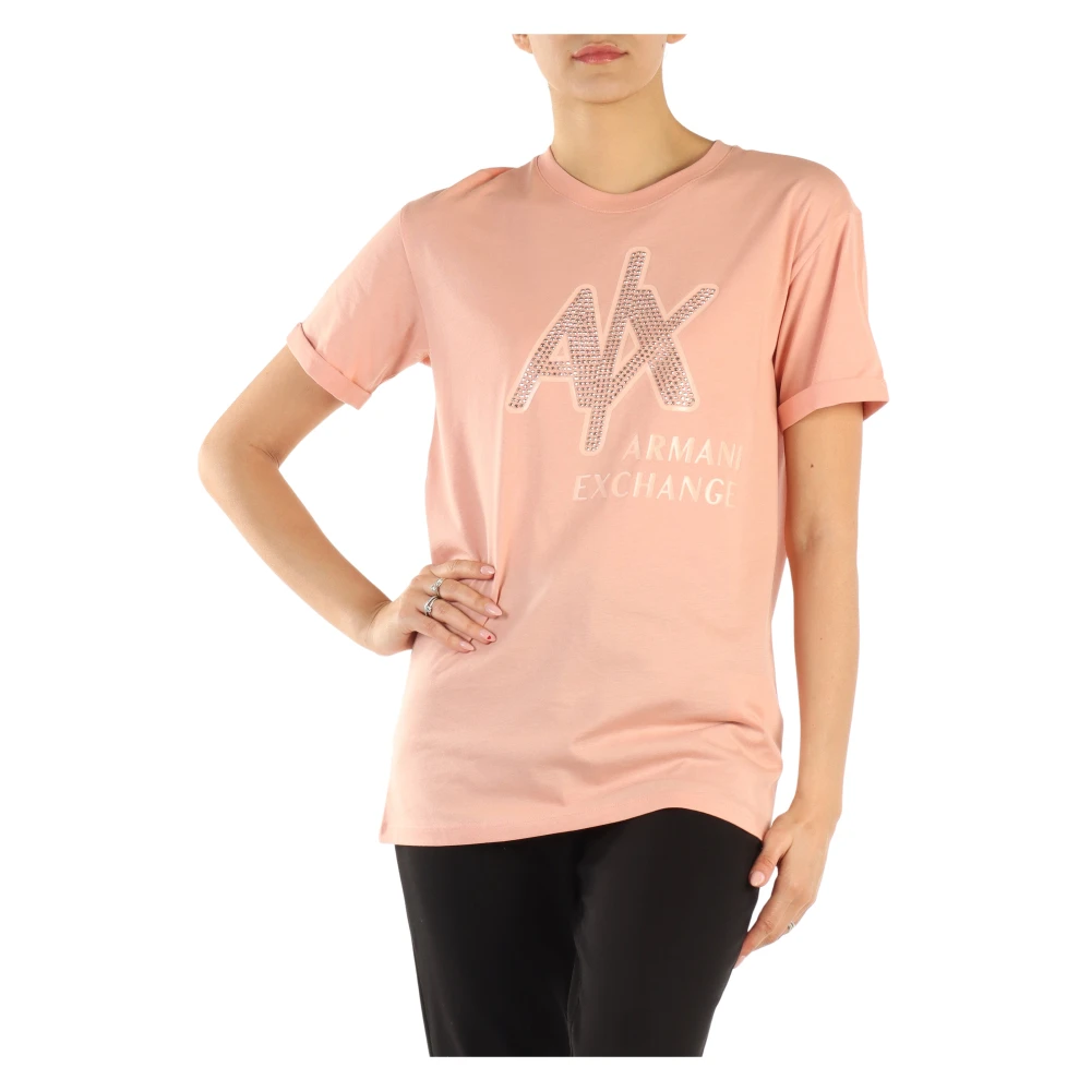 Armani Exchange Katoenen T-shirt met Strass Logo Pink Dames