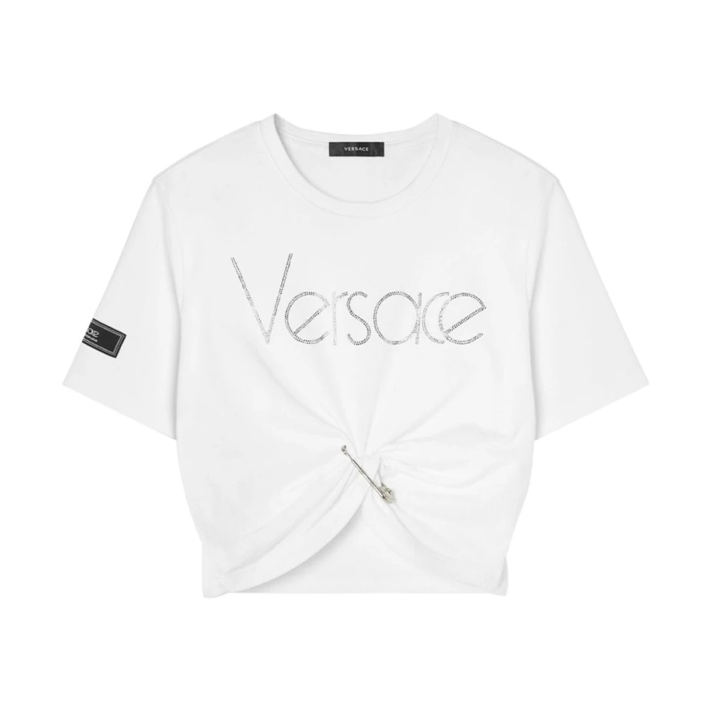 Versace Katoenen Logo Versierde Strass Top White Dames