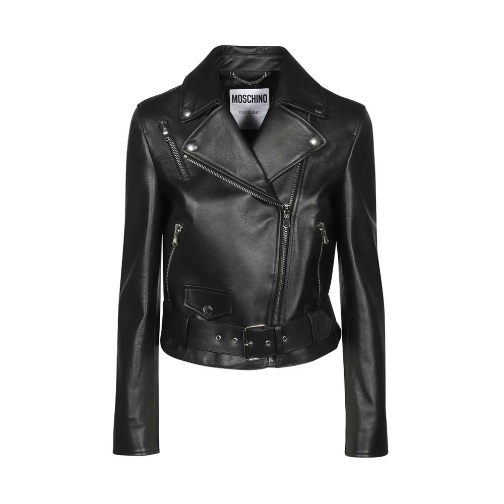 Moschino Lapel Kraag Leren Jas Black Dames