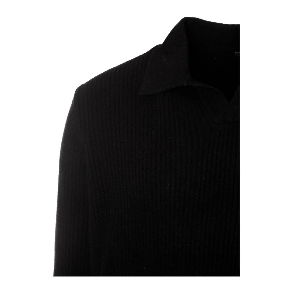 Denham Geribbeld LS Polo Shirt Black Heren