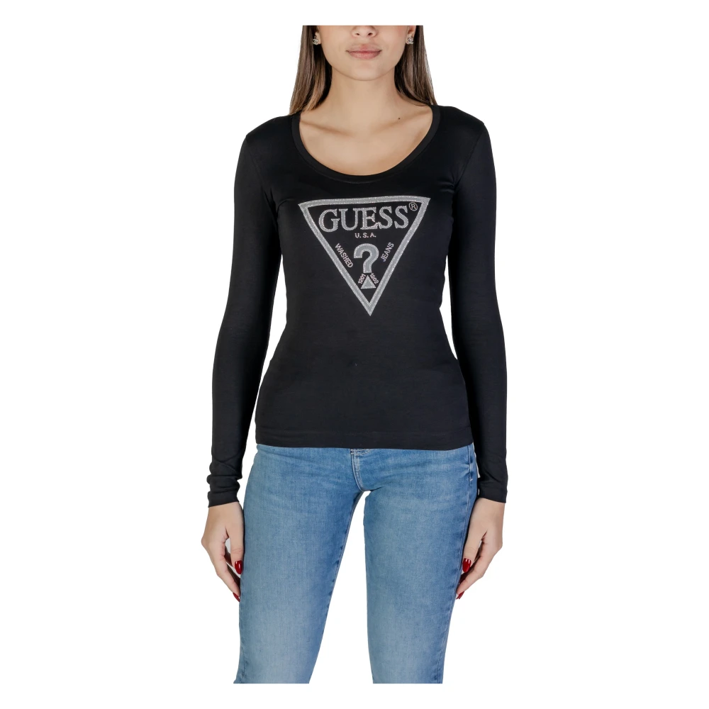 Guess Women's Black Rhinestone Logo Long Sleeve Tee Extra Small