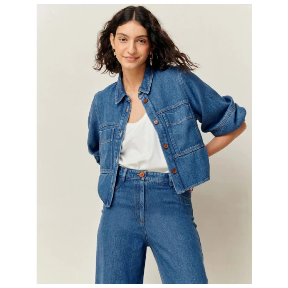 Sessun Korte Lyocell Workwear Overhemdjurk Blue Dames