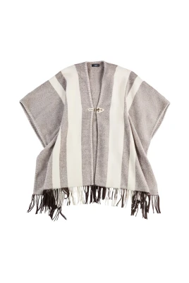 Grå och beige ullponcho med fransar