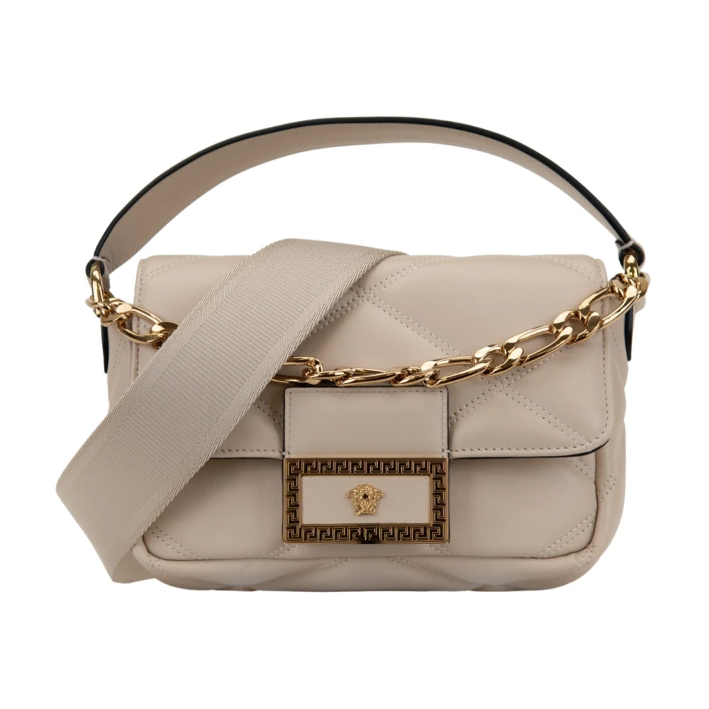 Versace Vit Vadderad Läder Axelväska Med Magnetisk Stängning