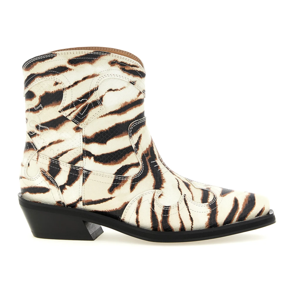 Ganni Beige Cowboy & Biker Boots, Female, 5 Uk, Embroidered Western Ankle Boots