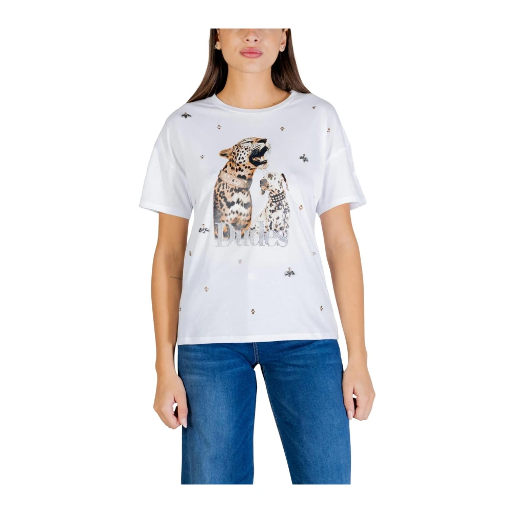 Liu Jo Women's White Printed Rhinestone Embellished Short Sleeve T-Shirt