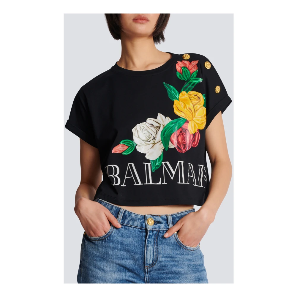 Balmain Vintage T-shirt met rozenprint Black Dames