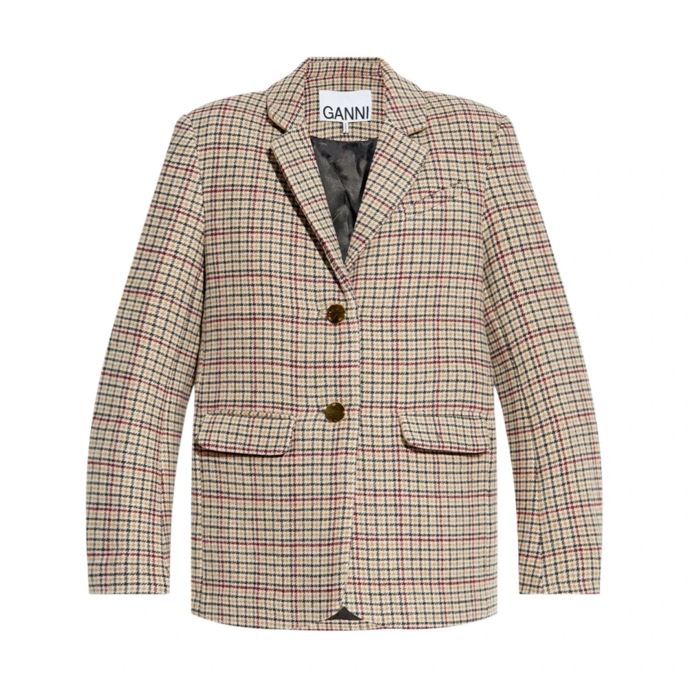 Ganni Houndstooth Wollen Jas Brown Dames