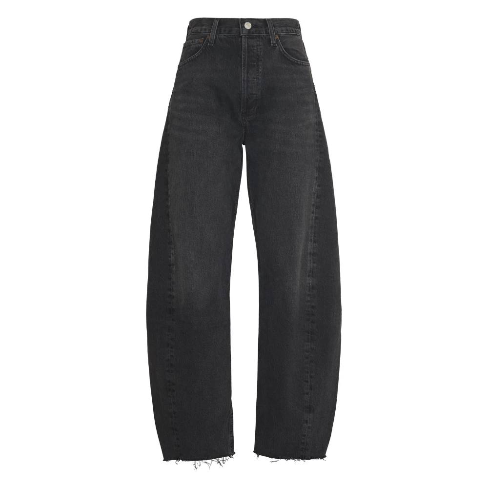 Agolde Wijde Katoenen Jeans met Raffelige Zoom Black Dames